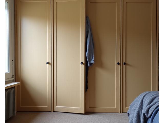Standard biflod closet door in a messy apartment bedroom