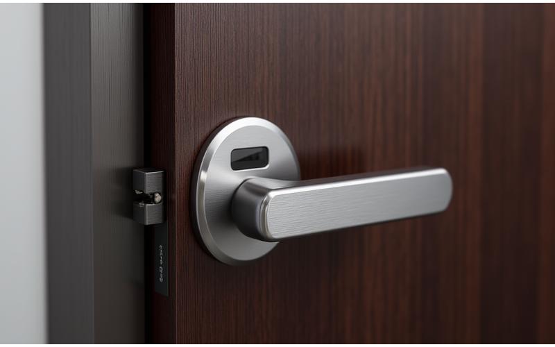 Close-up of modern brushed metallic smart door hardware installed on a wooden door